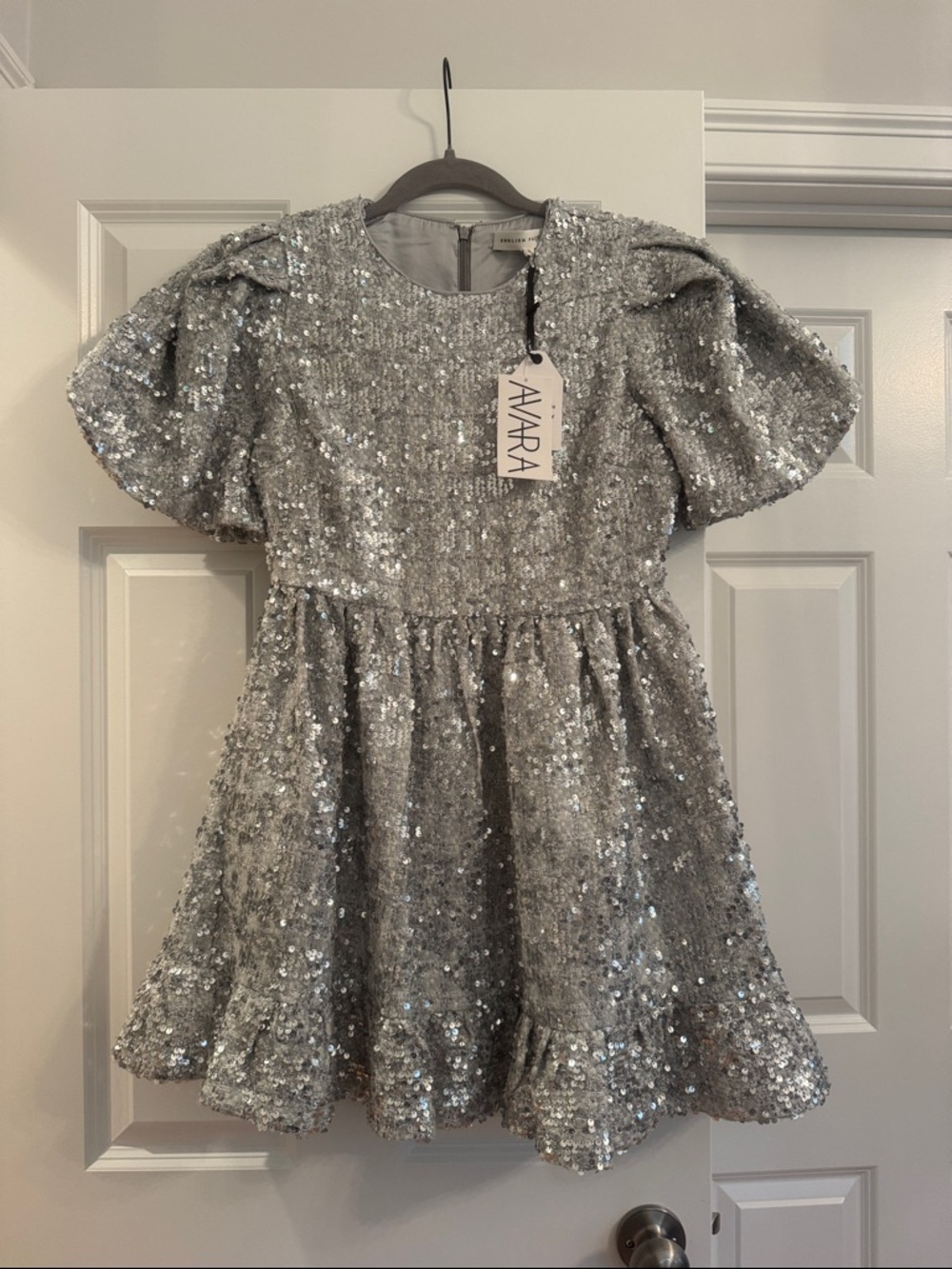 English Factory Silver Sequin Puff-Sleeve Party Dress